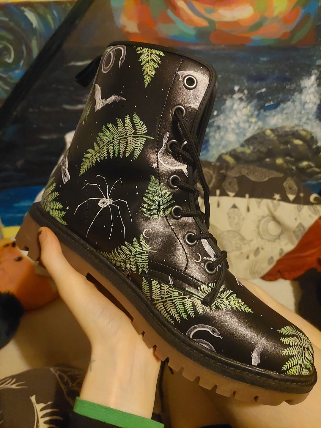 Customer photo review of Witch's Familiars In The Celestial Forest On Black Vegan Leather Combat Boots