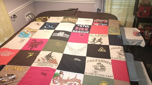 T-shirt quilt with firefighting, outdoor activities themes by Chuck from MS