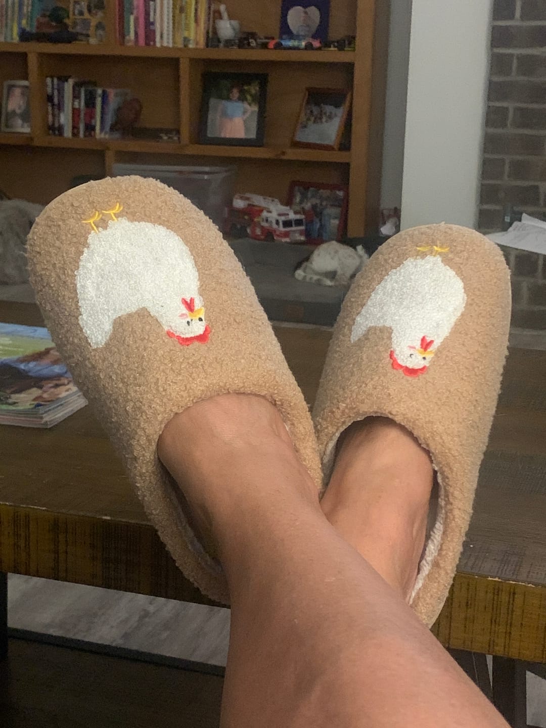 Customer photo review of Brown Fuzzy Chicken Slippers - Adult
