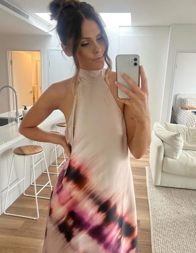 Customer photo review of Unique Print Halterneck Lace Up Backless Maxi Dress