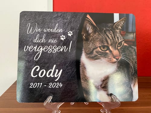 Customer photo review of Katzen Gedenktafel mit Foto & Spruch (UV- & Wetterfest)