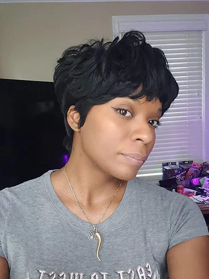 Customer photo review of Luvwin Classic Pixie Cut Style Wig With Layered Bangs For Black Women