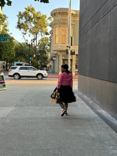 Customer photo review of Bad Girl 3/4 Sleeve Cropped Motorcycle Jacket in Flamingo Pink Vegan Leather - Vixen by Micheline Pitt