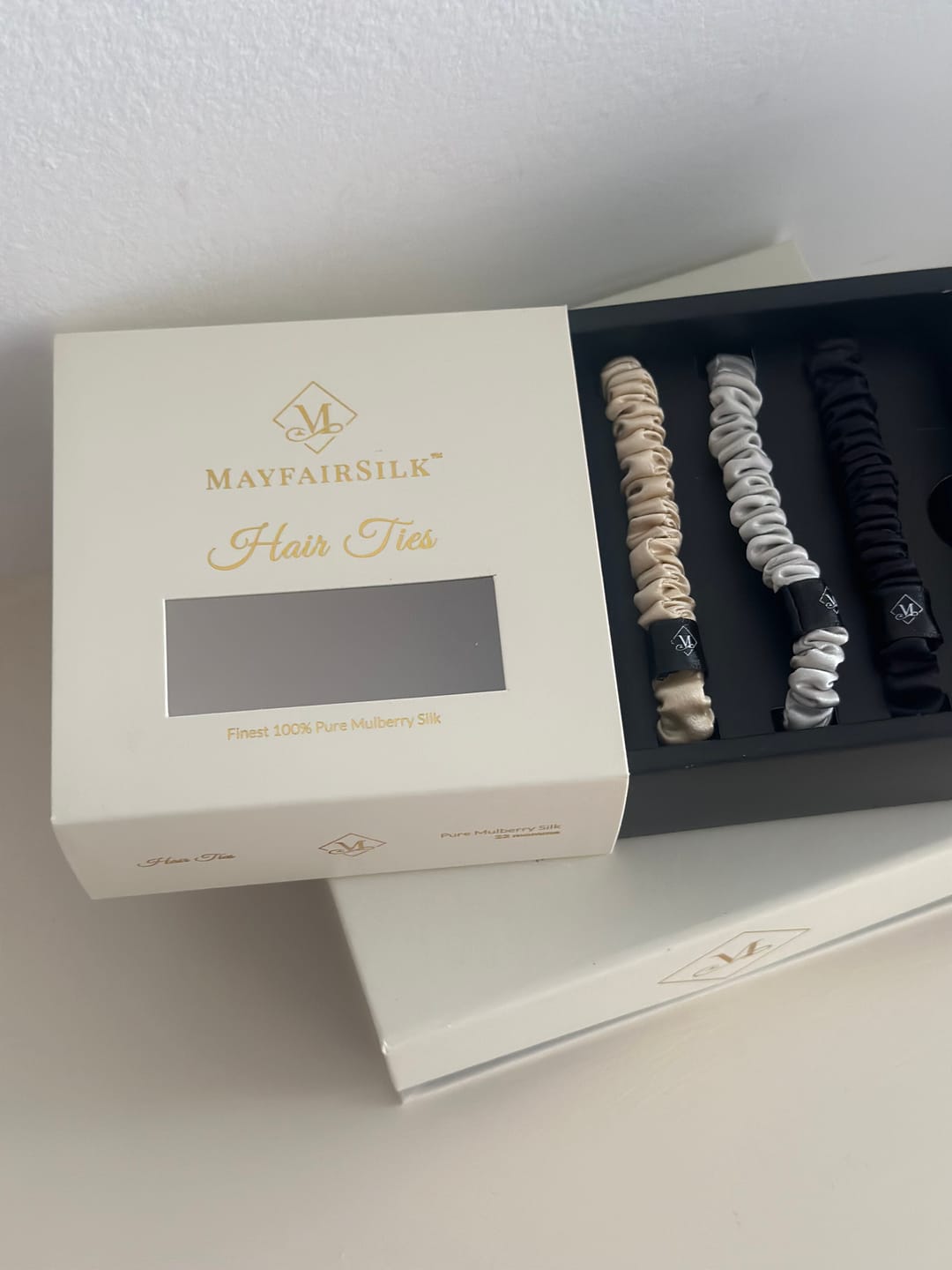 Customer photo review of Champagne / Oyster Grey / Charcoal Silk Hair Ties Set