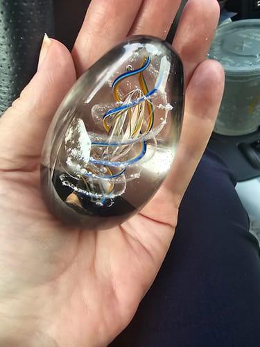 Customer photo review of Spiral Helix Glass Egg with Cremation Ashes