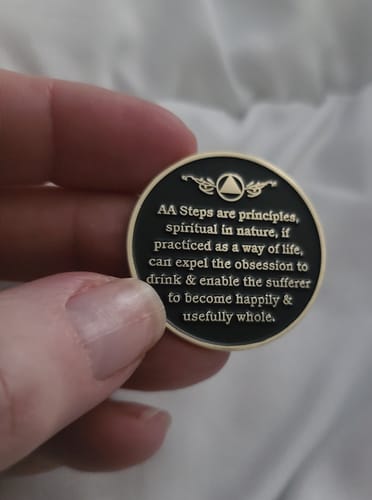 Customer photo review of Sobriety Mint 50/50 Sober Half My Life Specialty AA Recovery Medallion - Polished Gold/Black