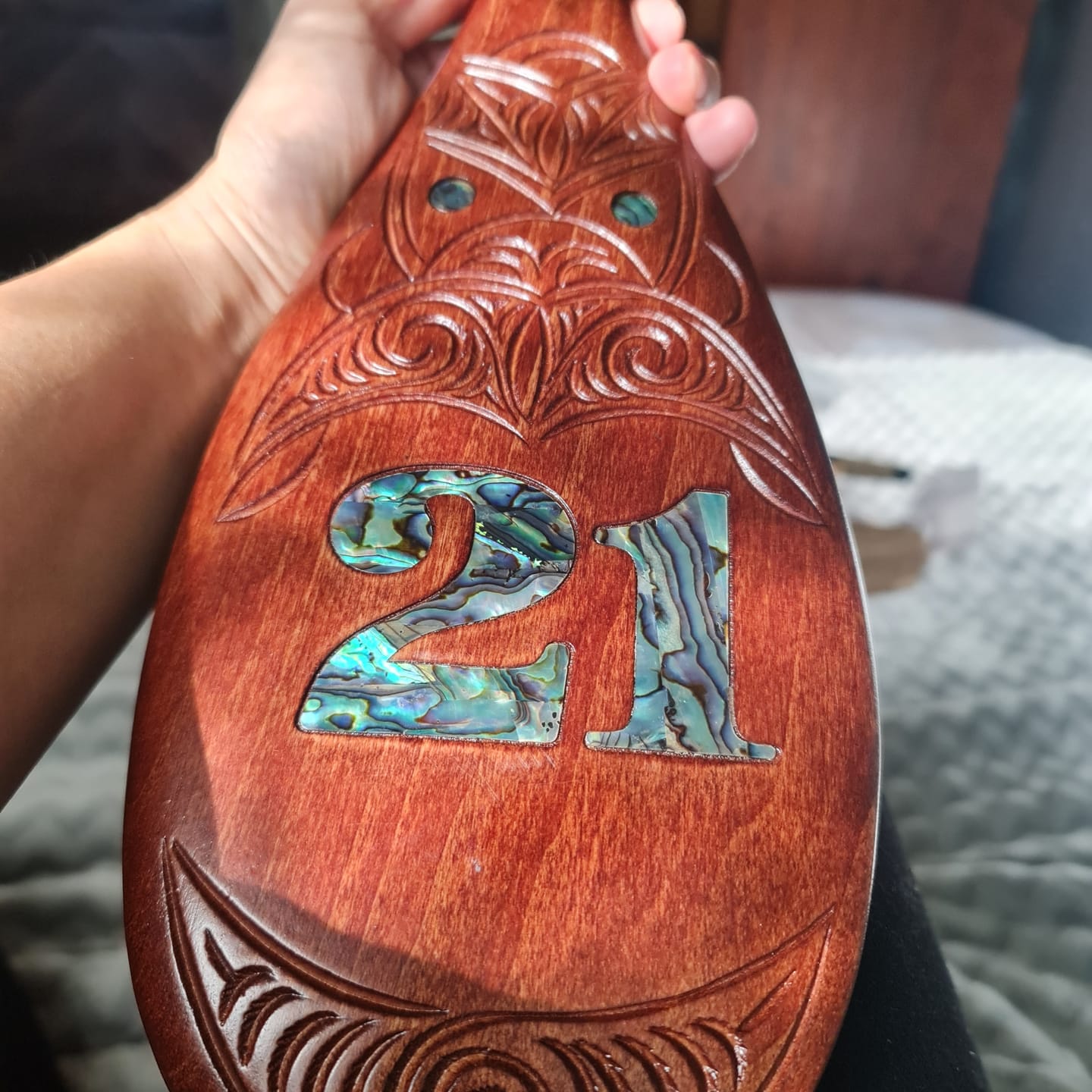 Customer photo review of Maori 21st Birthday Patu Club Inlaid With Paua Shell