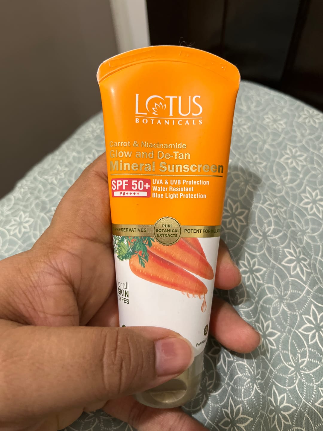 Customer photo review of Carrot & Niacinamide Glow and De-Tan Mineral Sunscreen | SPF 50+ | PA++++