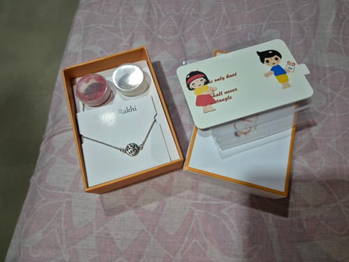 Customer photo review of Silver Om Sphere Rakhi