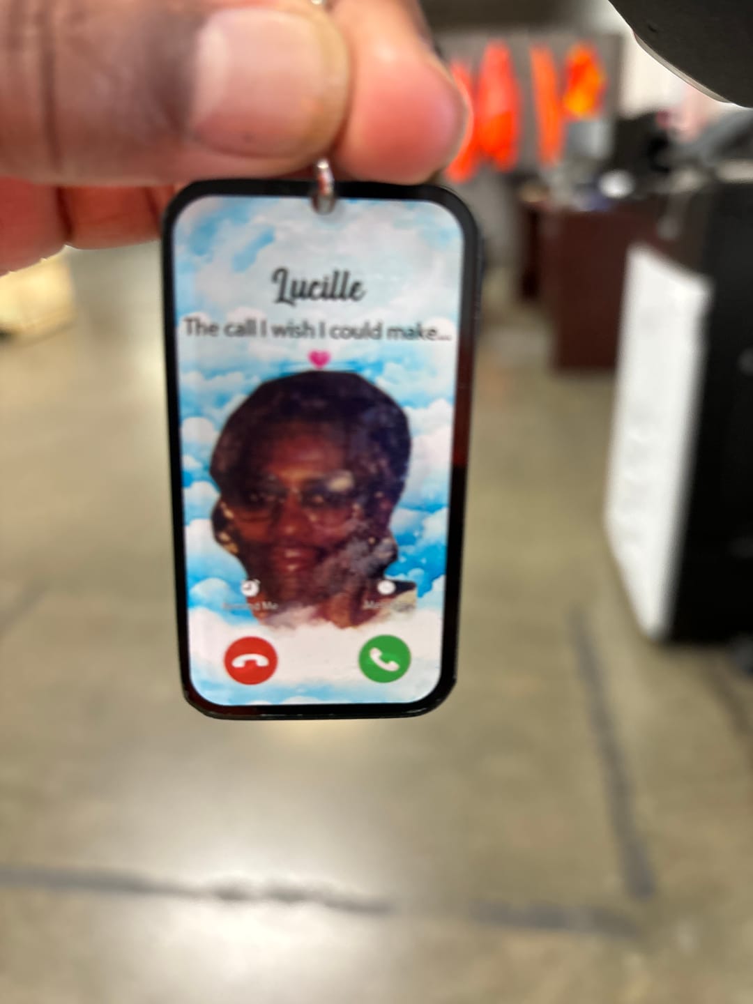 Customer photo review of The Call I Wish Memorial Sympathy Gift - Photo Inserted Different On 2 Sides Personalized Keychain