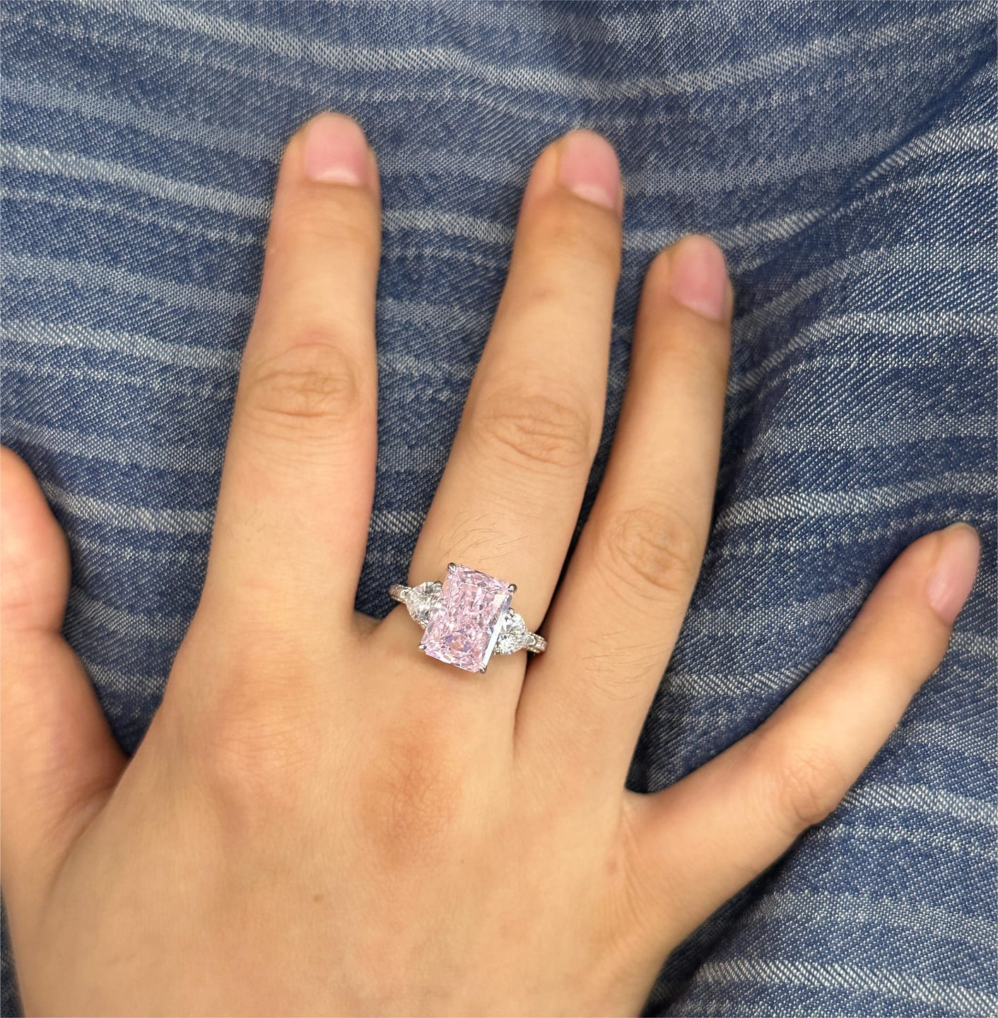 Customer photo review of S925 5.0Ct Pink/White Stone Radiant Cut Three Stone Engagement Ring Anniversary Ring For Women
