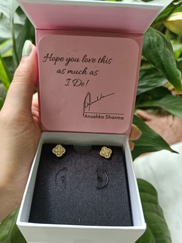 Customer photo review of Golden Pansy Flower Earrings