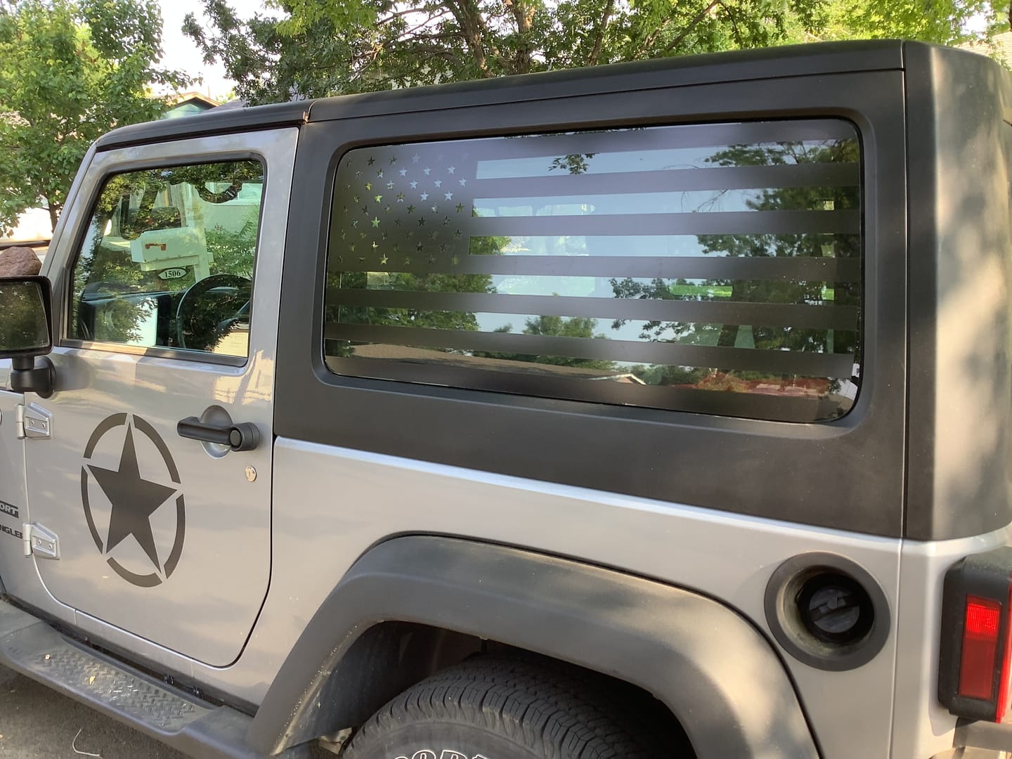 Customer photo review of American Flag Window Graphic for Wrangler | Set of 2