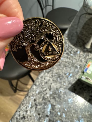 Customer photo review of 6 Month Sobriety Mint Twisted Tree of Life Gold Plated AA Recovery Medallion - Six Month Chip/Coin - Black