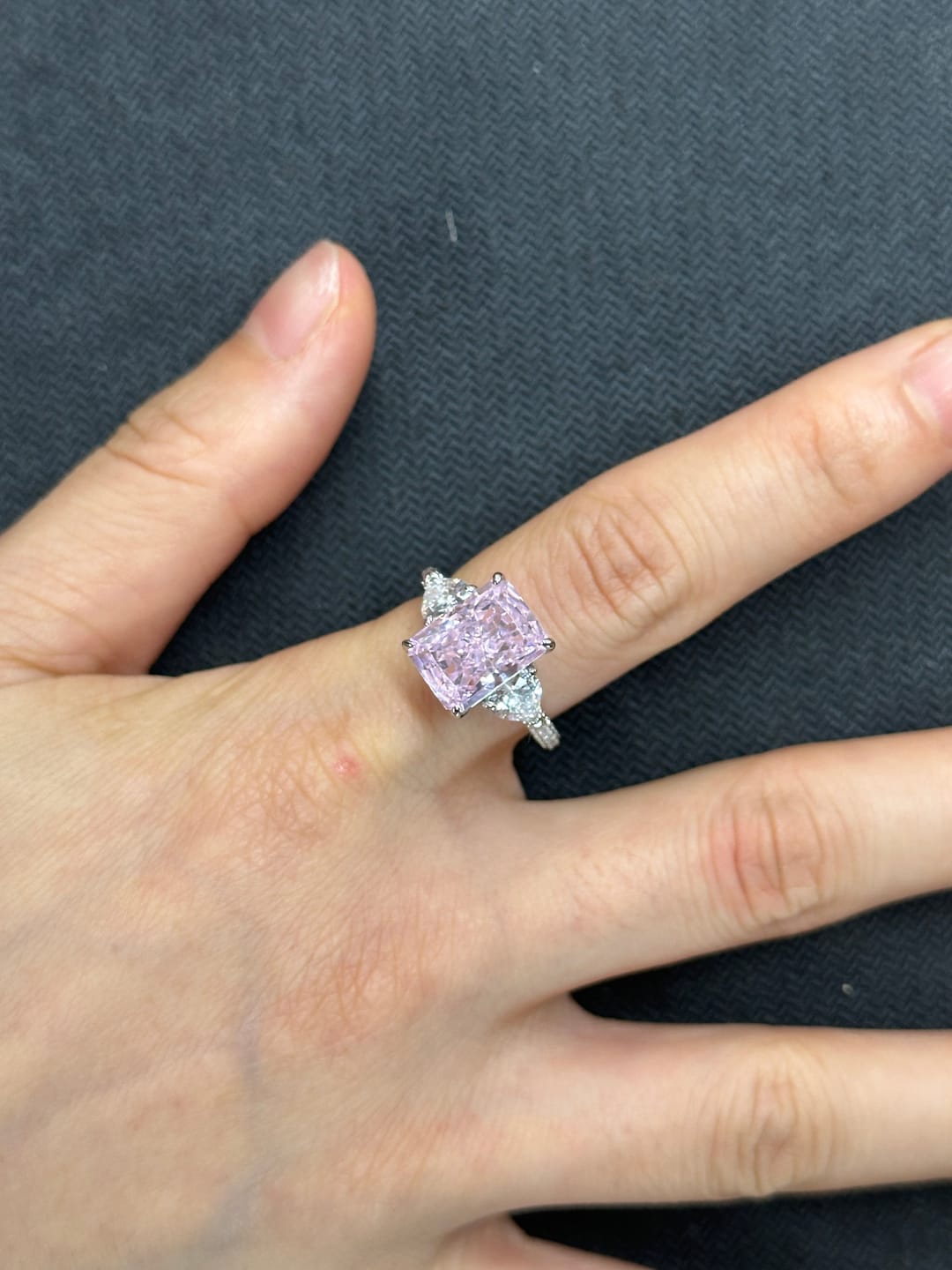Customer photo review of S925 5.0Ct Pink/White Stone Radiant Cut Three Stone Engagement Ring Anniversary Ring For Women