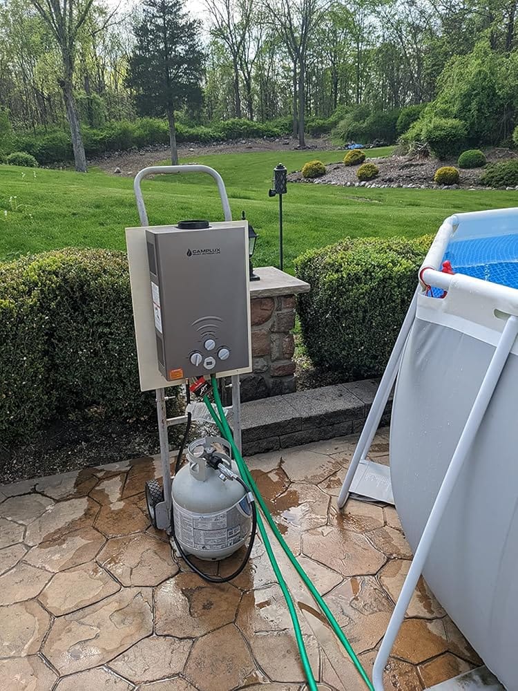 Customer photo review of Propane Portable Tankless Water Heater Outdoor, Camplux 4.22 GPM Instant Hot Camping Showers with 3.3 GPM Water Pump & Pipe Strainer