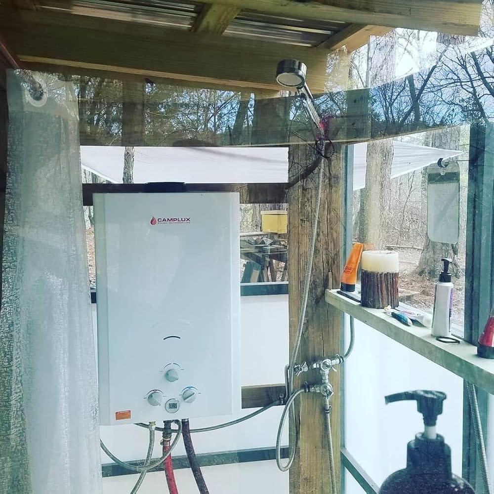 Customer photo review of Propane Portable Tankless Water Heater Outdoor, Camplux 4.22 GPM Instant Hot Camping Showers with 3.3 GPM Water Pump & Pipe Strainer