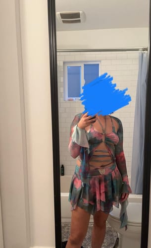 Customer photo review of Flared sleeve tie dye o ring self tie halter low cut mini skirt set