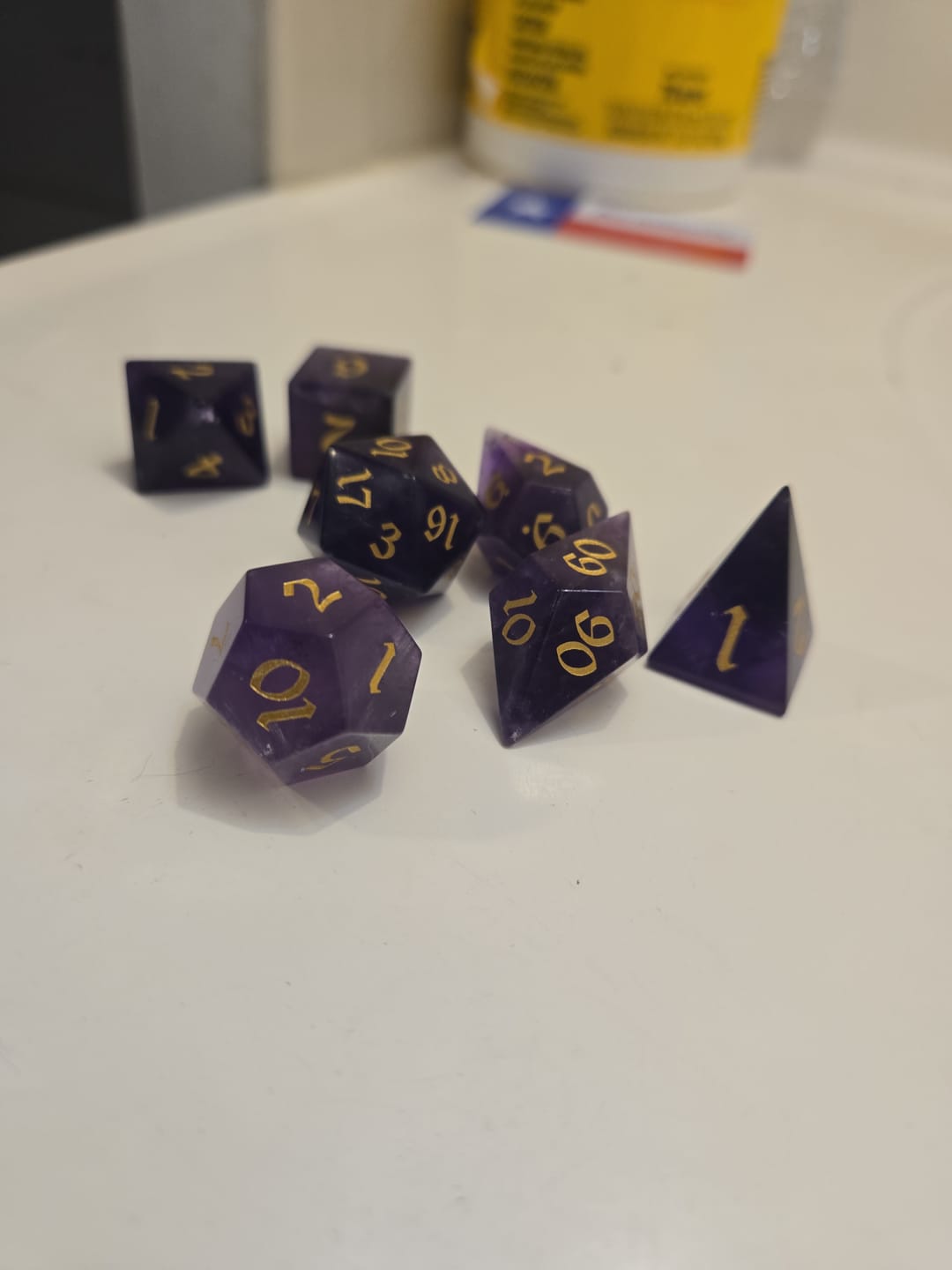 Customer photo review of Gemstone Purple Amethyst Elven Cut Polyhedral Dice (With Box) DnD Set
