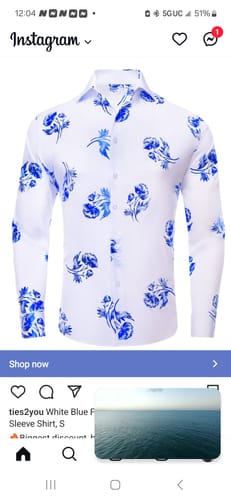 Customer photo review of White Blue Floral Pattern Silk Men's Long Sleeve Shirt