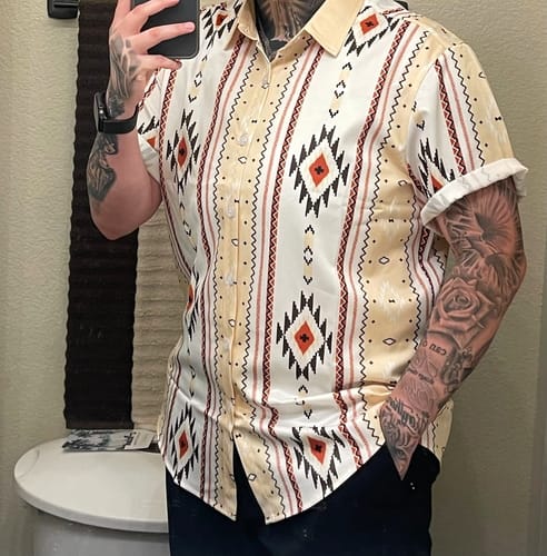 Customer photo review of Men's Vintage Vertical Striped Short Sleeve 70s Retro Aztec Print Button Up Shirt
