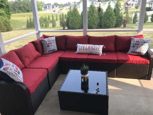 Customer photo review of 7 Pcs Patio Rattan Sofa Set w/ Ergonomic Curved Armrest, Red Cushion & Coffee Table