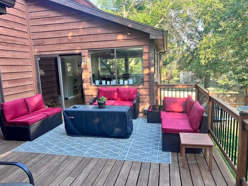 Customer photo review of 7 Pcs Patio Rattan Sofa Set w/ Ergonomic Curved Armrest, Red Cushion & Coffee Table