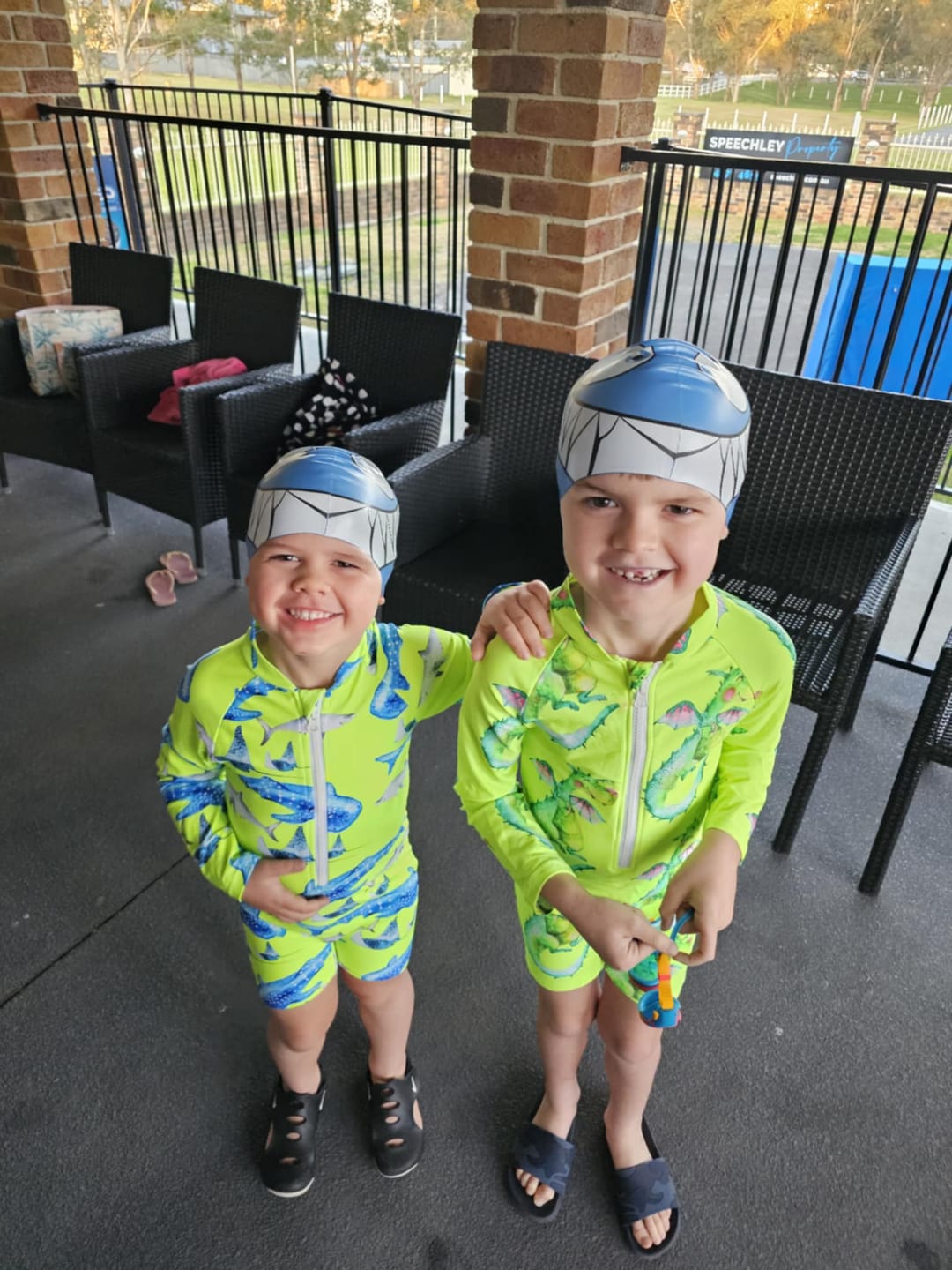 Customer photo review of Fluro Dragon Unisex Long Sleeve Zip Swimmers