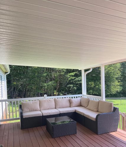 Customer photo review of 7 Pcs Patio Rattan Sectional Sofa Set w/ Ergonomic Curved Armrest , Khaki Cushion & Glass Table