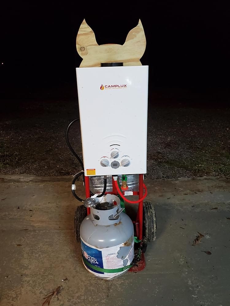 Customer photo review of Propane Portable Tankless Water Heater Outdoor, Camplux 4.22 GPM Instant Hot Camping Showers with 3.3 GPM Water Pump & Pipe Strainer