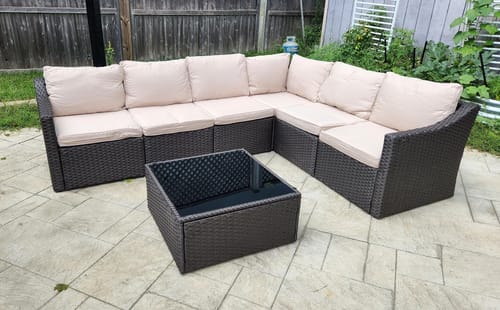 Customer photo review of 7 Pcs Patio Rattan Sectional Sofa Set w/ Ergonomic Curved Armrest , Khaki Cushion & Glass Table