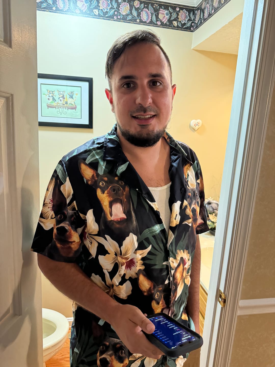Customer photo review of Custom Hawaiian Shirt For Dog Lovers | Personalized Puppy Lovers Gift | Leaves & Flowers Pattern Dark Green Color Aloha Shirt