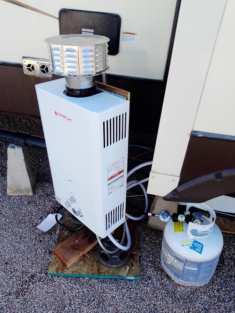 Customer photo review of Propane Portable Tankless Water Heater Outdoor, Camplux 4.22 GPM Instant Hot Camping Showers with 3.3 GPM Water Pump & Pipe Strainer