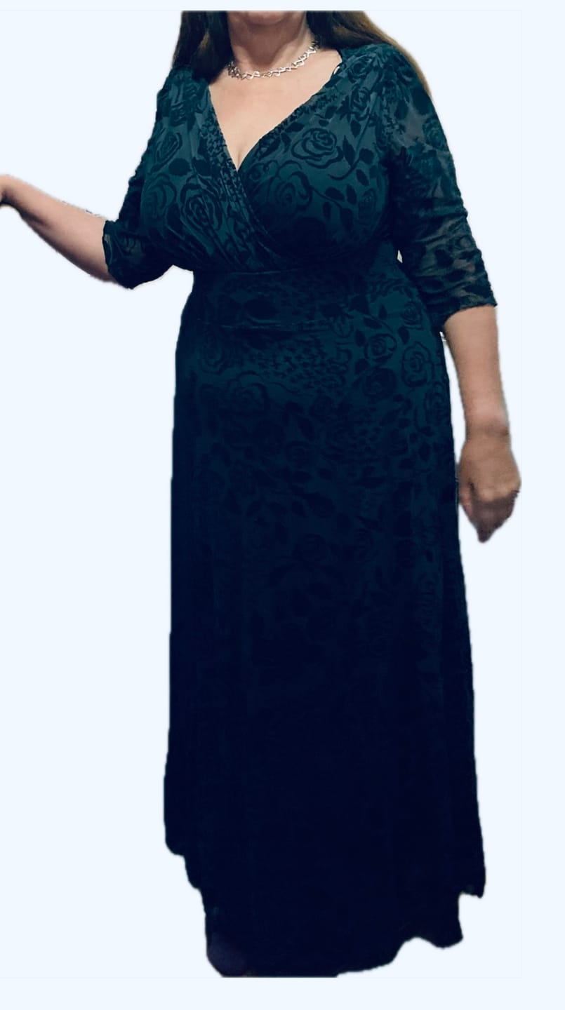 Customer photo review of Verity Chic Velvet Flock Maxi Gown in Dark Green