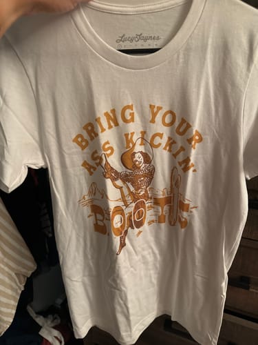 Customer photo review of Bring Your Ass Kickin' Boots Tee