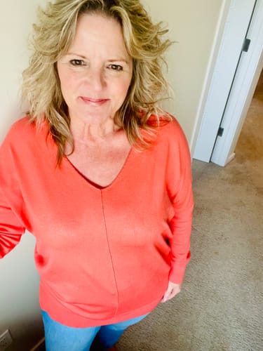 Customer photo review of Comfy As Can Be Sweater (Bright Melon)
