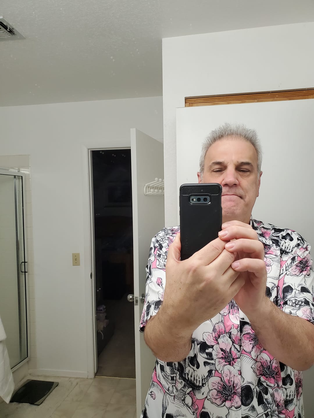 Customer photo review of Men's Skull Pink Flowers Button Up Short Sleeve Shirts