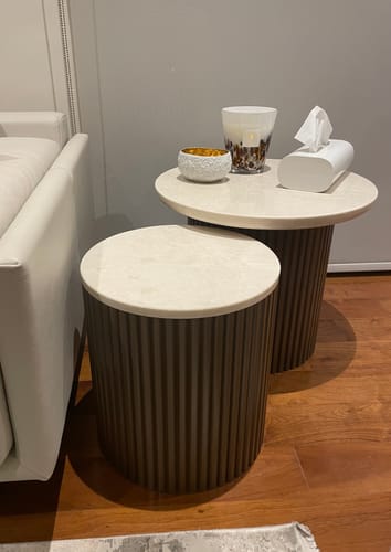 Customer photo review of Lauren Beige Travertine Side Table with Brown Base