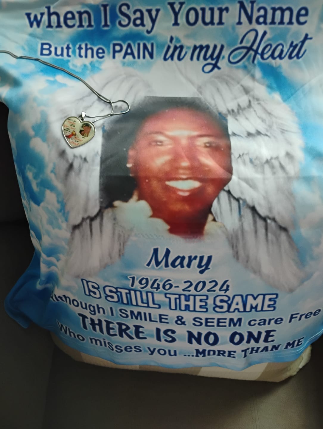 Customer photo review of Memorial Upload Photo, In Heaven I Hide My Tears When I Say Your Name But The Pain In My Heart Personalized 3D T-Shirt