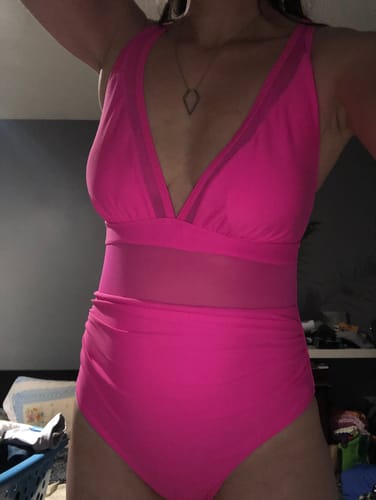 Customer photo review of Rose Red 1950s Solid Sheer Patchwork Swimsuit