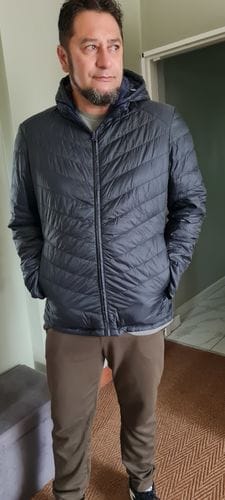 Customer photo review of Reversible Navy/Black Mens Duck Down Jacket