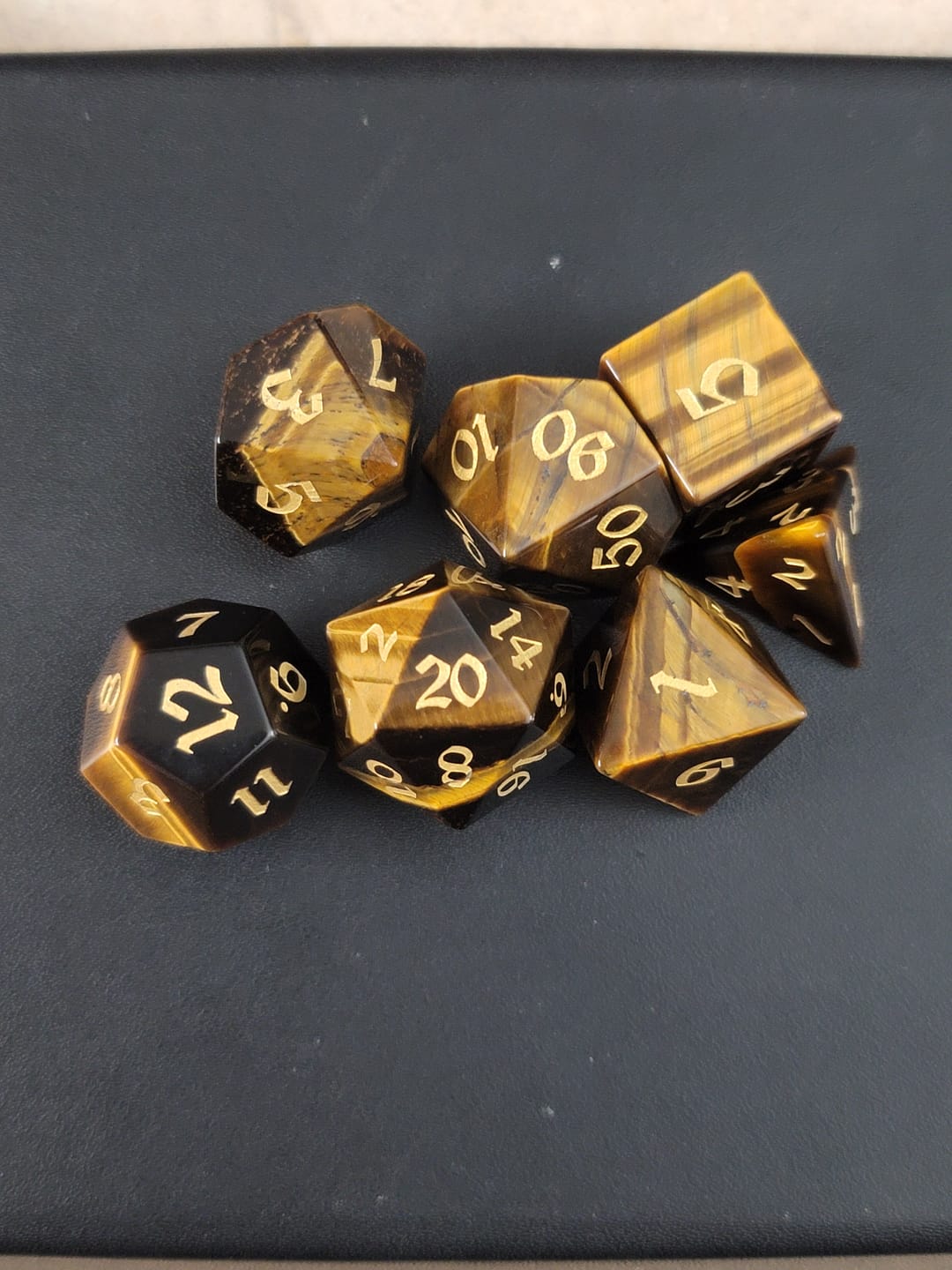 Customer photo review of Yellow Tigers Eye Hand Carved Stone Set DND Dice Set
