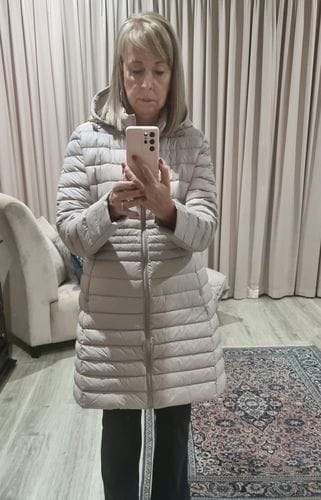 Customer photo review of Latte Duck Down Midi Puffer Coat