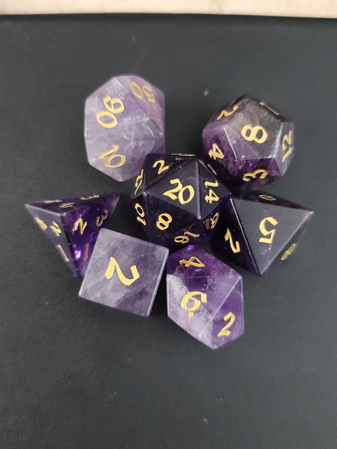 Customer photo review of Purple Gemstone Amethyst Dice (With Box) Hand Carved Polyhedral Dice DND Set - Gift For Dnd, RPG Game