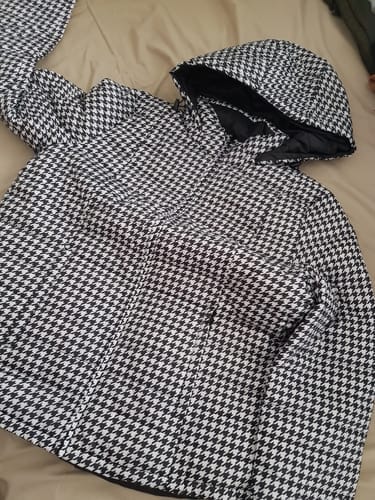 Customer photo review of Reversible Black Houndstooth Duck Down Puffer Jacket