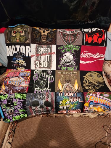 T-shirt quilt with motor racing, drag racing themes by JEFFREY from CA