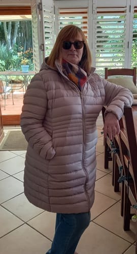 Customer photo review of Latte Duck Down Midi Puffer Coat