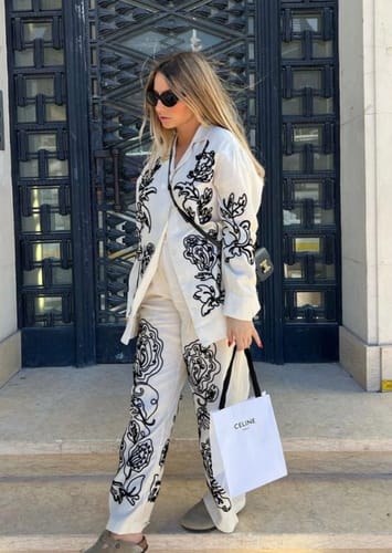 Customer photo review of Bella Linen Blend Embroidered Floral Print Long Sleeve Shirt and Elastic Waist Pocket Pants Set