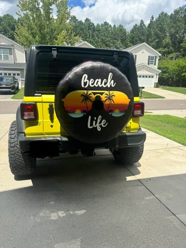 Customer photo review of Beach Life Sunglasses Sunset Tropical Spare Tire Cover for Jeep, Bronco, RV & More