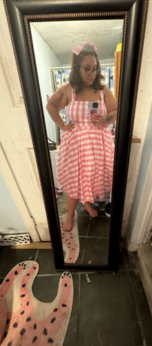 Customer photo review of Dream-House Swing Dress and Matching Bow in Pink Gingham - Vixen by Micheline Pitt